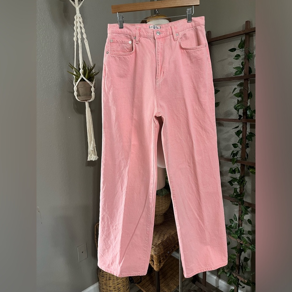 ▪️Free People High Rise Pink Pinstripe Striped Astoria Wide Straight Leg - Picture 6 of 15